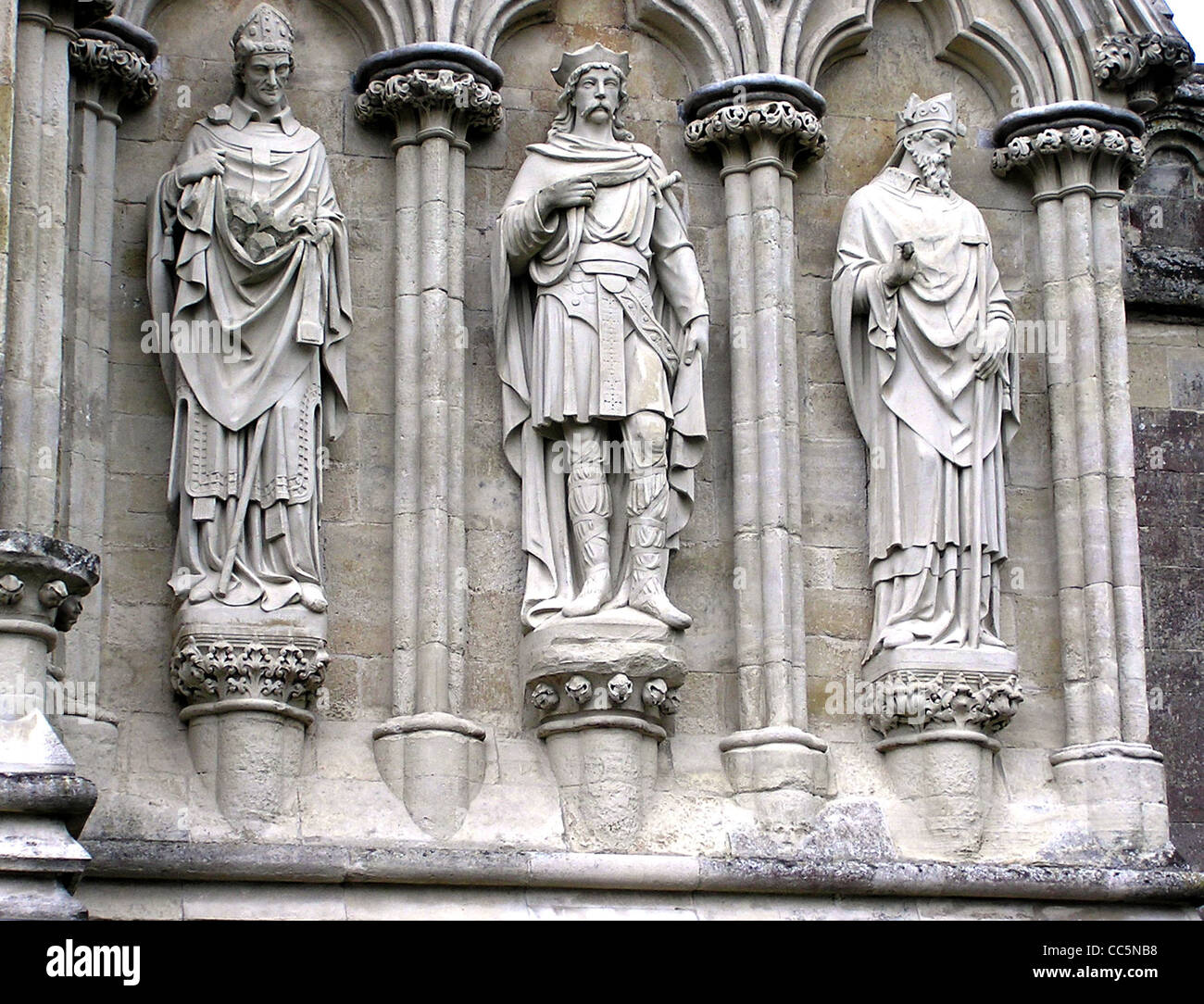 Statue detail from the right side of Salisbury Cathedral main front. Stock Photo