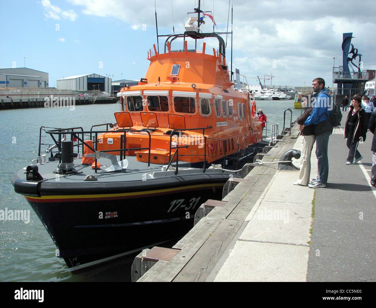 The bows of lifeboat 17-31 (Severn class) in Poole Harbour, Dorset, England. Stock Photo