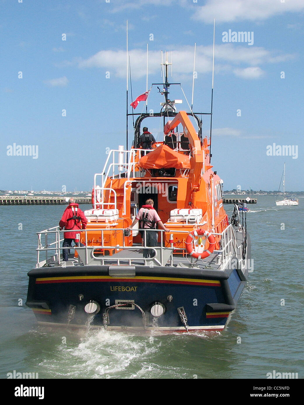 The stern of UK lifeboat 17-31 (Severn class) in Poole Harbour, Dorset, England. Stock Photo