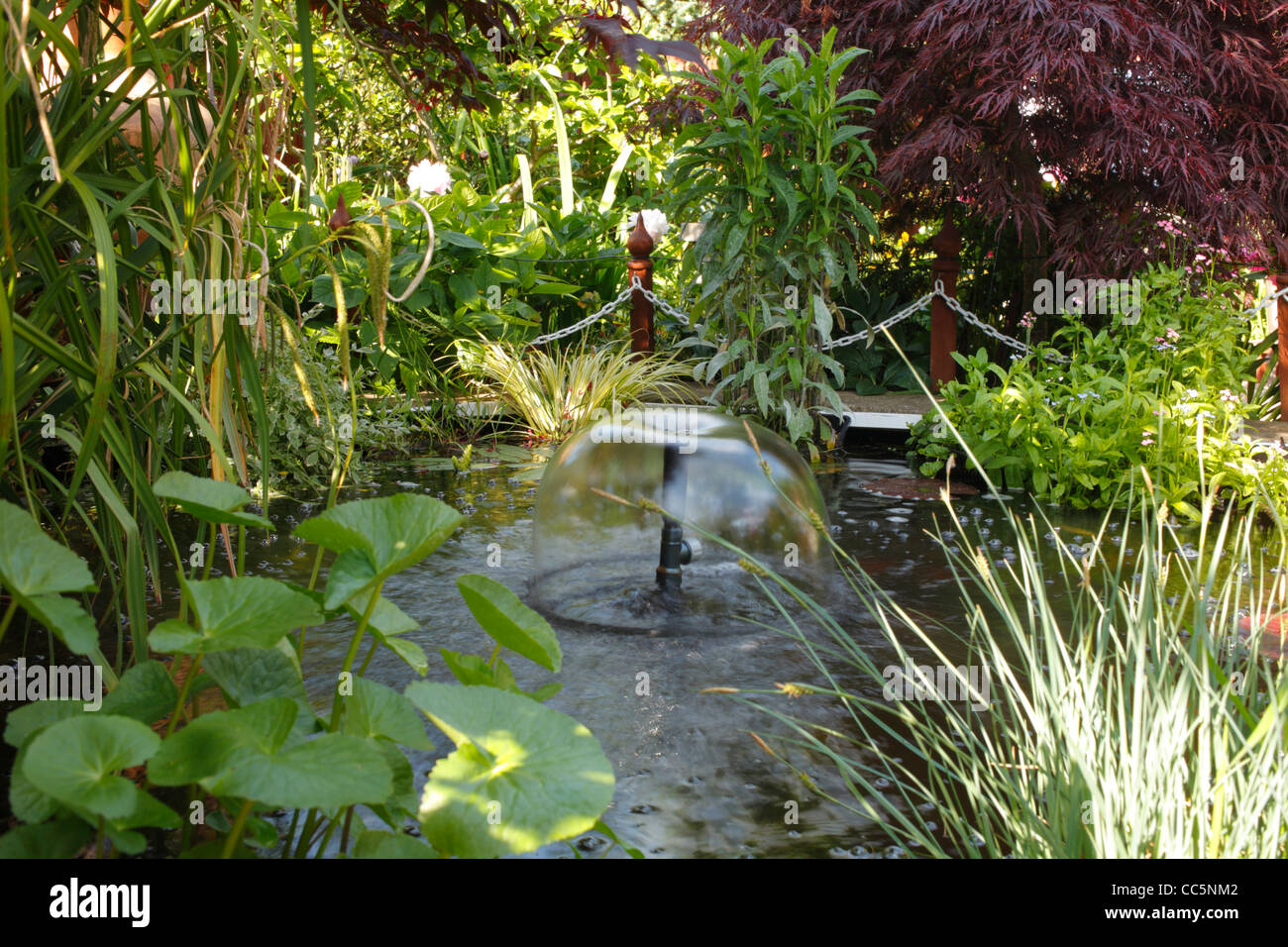 Small pond with a fountain in an urban garden. Morecambe, Lancashire, England. June. Stock Photo