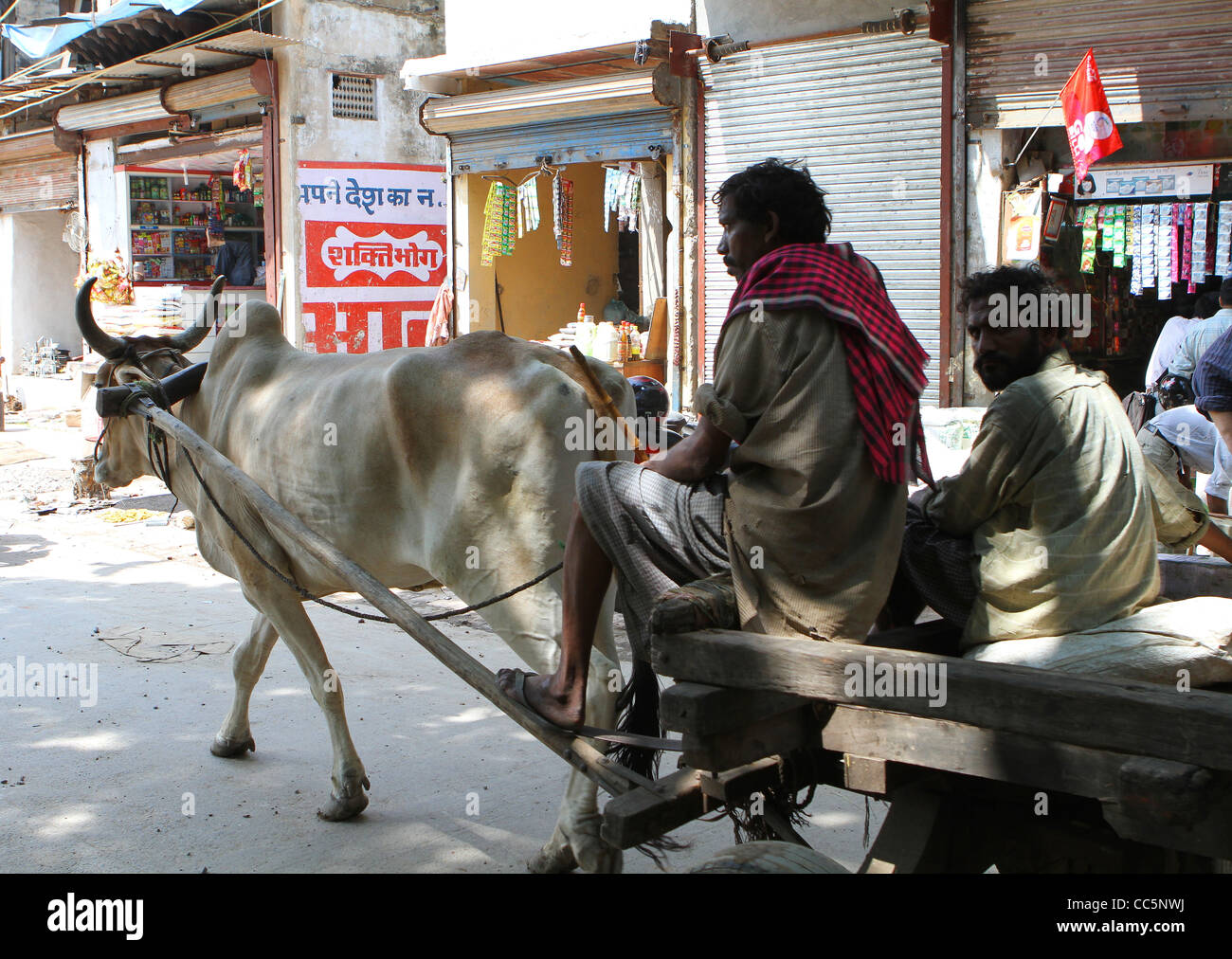 2 indian men with cow and cart. Paharganj. Delhi. India Stock Photo