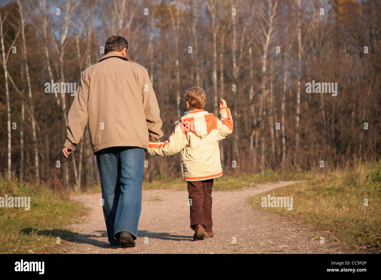 Grandfather and the grandson walk on wood, keeping for hands Stock Photo