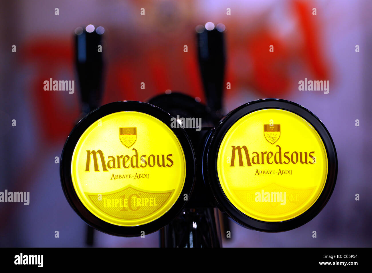 Beer taps displays logo of the Maredsous Abbey Beer brewed by the Belgian Duvel Brewery