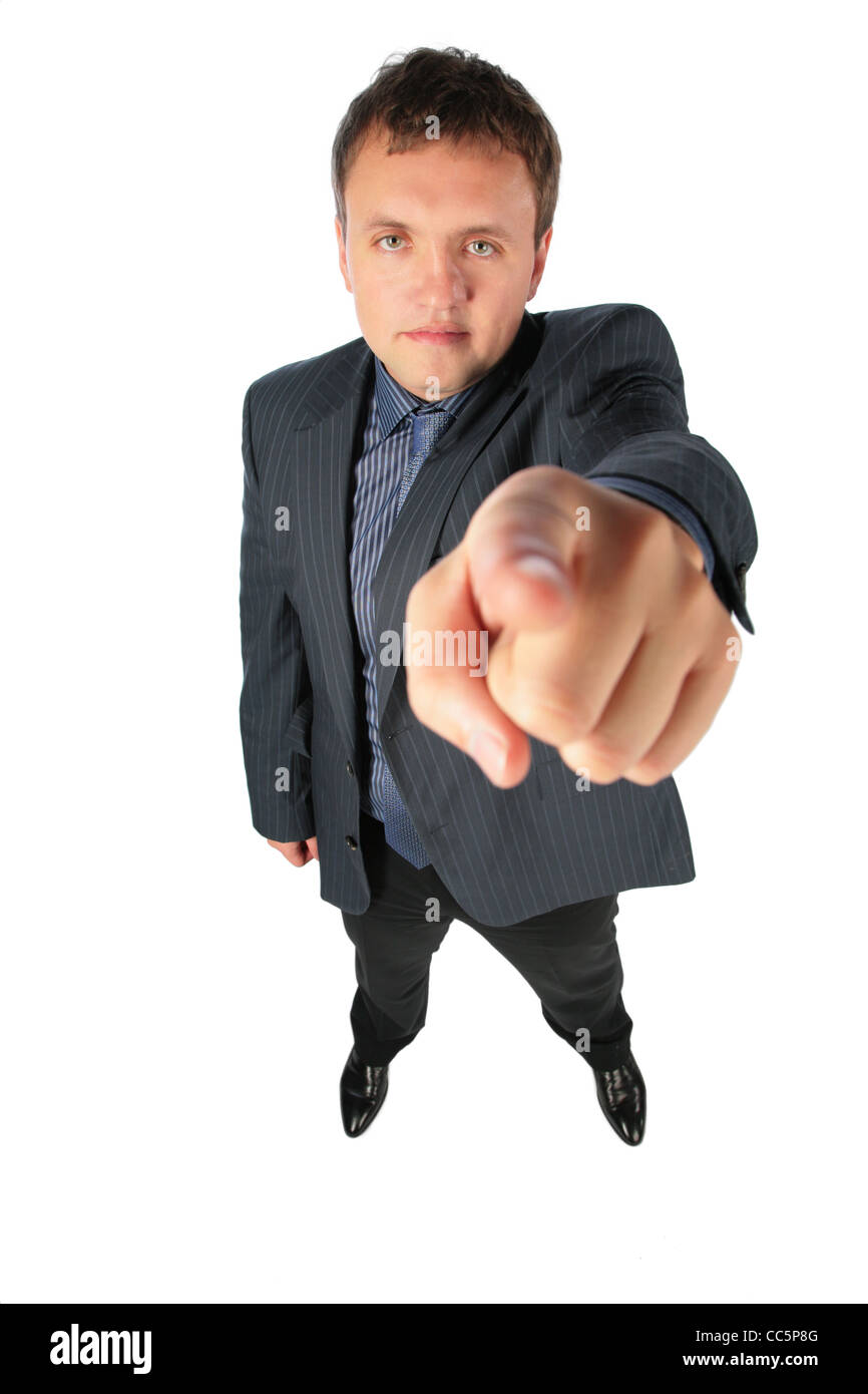 Man distorted by perspective points a finger at you Stock Photo