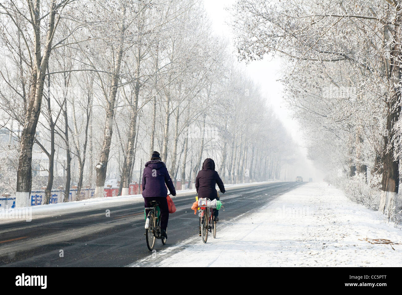 People riding bike on a country road, Jilin, Jilin , China Stock Photo