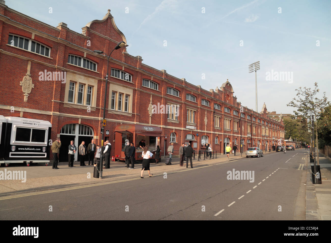 The street facade of the Johnny Haynes stand, Craven Cottage, home of Fulham Football Club, West London, UK. Stock Photo