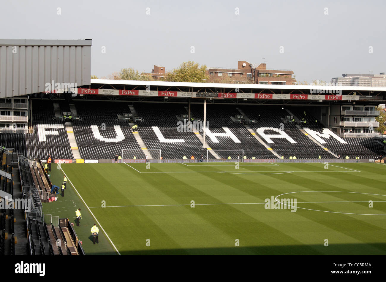 View towards the Hammersmith End of Craven Cottage, home of Fulham Football Club, West London, UK. Stock Photo