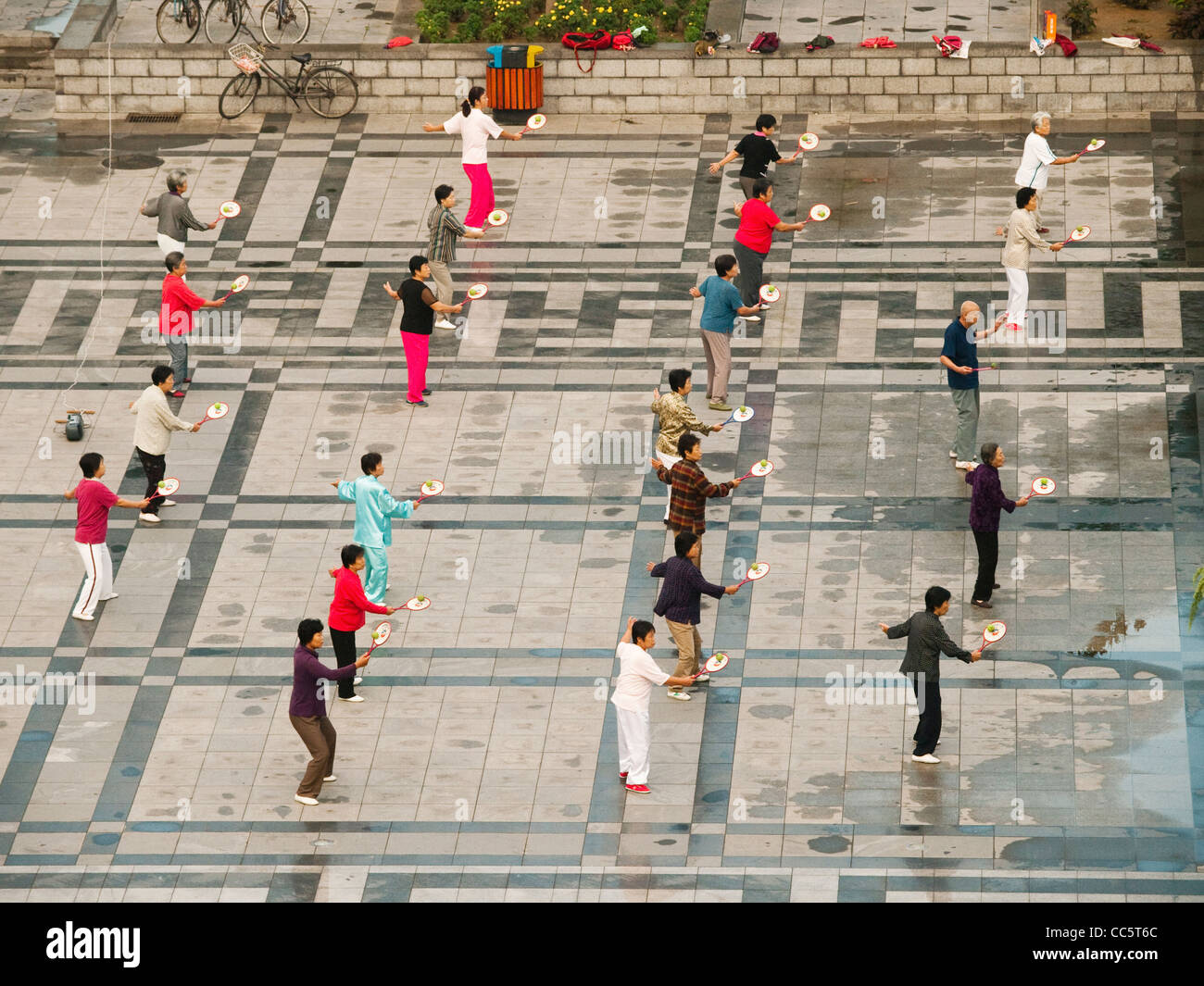 Chinese people playing Taiji Rouliqiu in the morning, Zilong Square, Zhengding, Shijiazhuang, Hebei , China Stock Photo