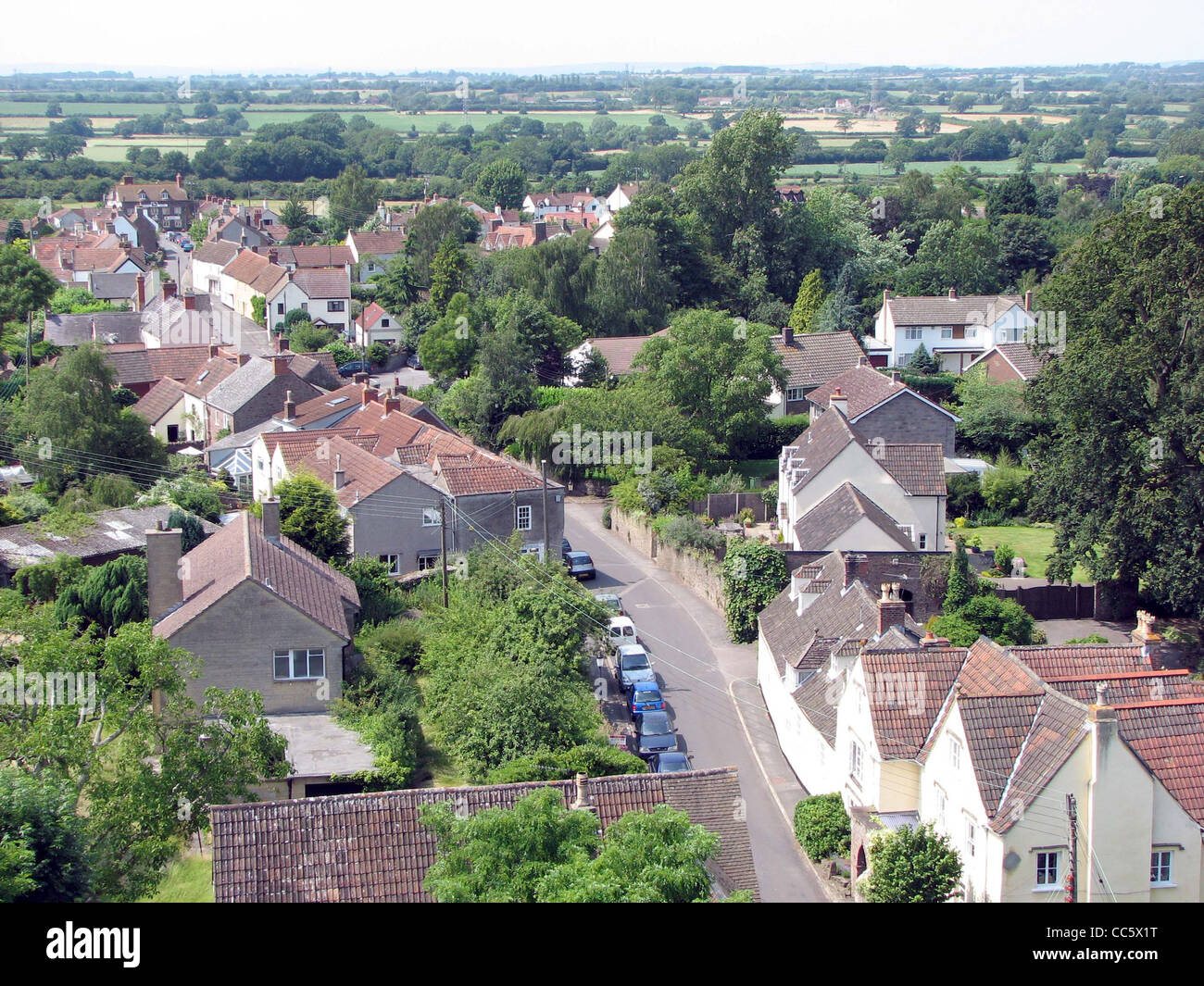 Iron Acton, South Gloucestershire, looking west down the main street, from the tower of the village church (St. James the Less). Stock Photo