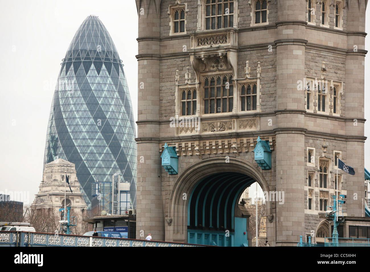 A view of London's old and new, Tower Bridge with the Gherkin Building in the distance. Stock Photo