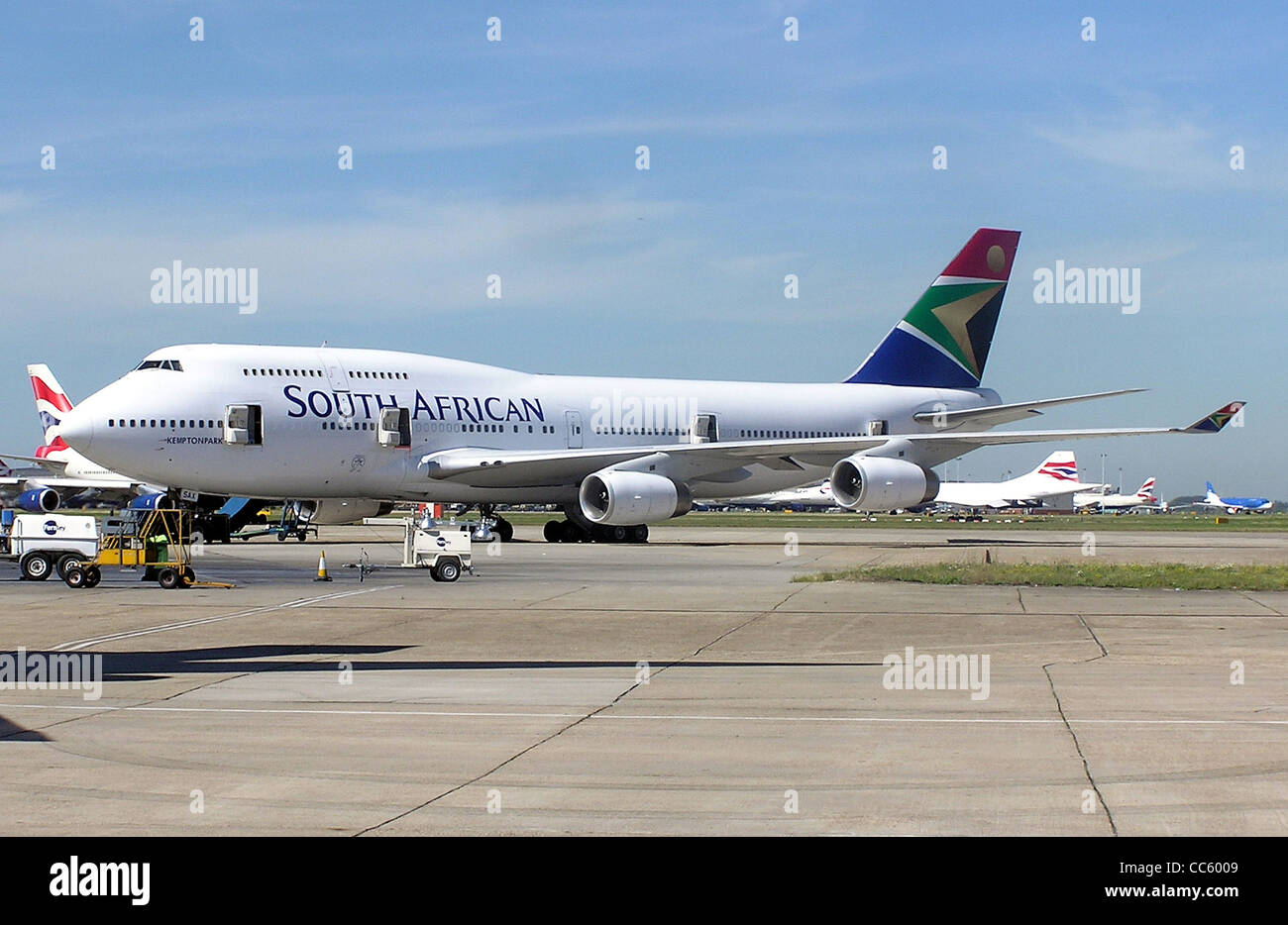 The South African Boeing 747-400 (registration ZS-SAX) is parked