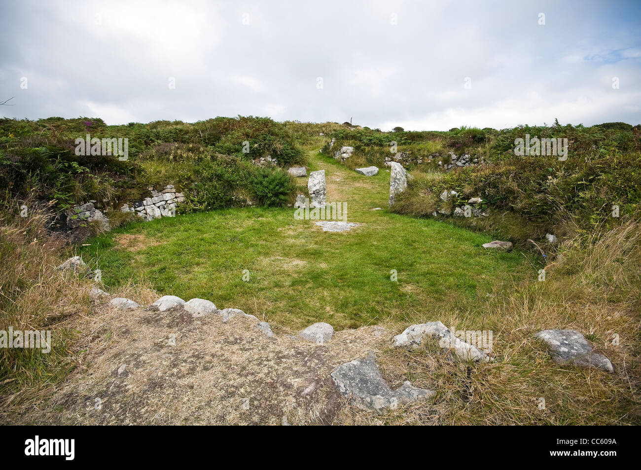 Stone houses within Chysauster Iron Age village, Cornwall, UK Stock Photo