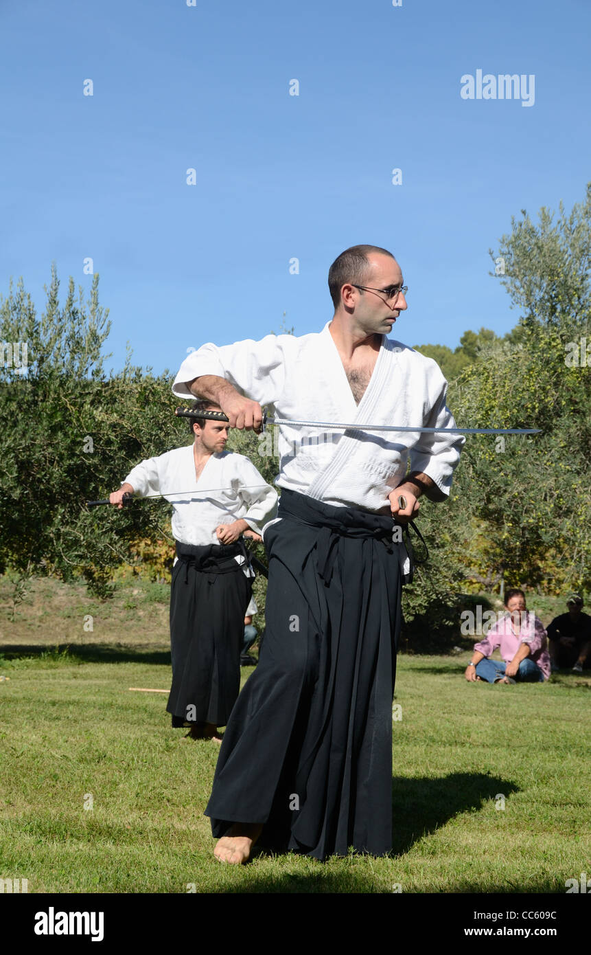 European Practitioners of Japanese Martial Art of Sword Fighting, Kendo, Kenjutsu or Katana Stock Photo