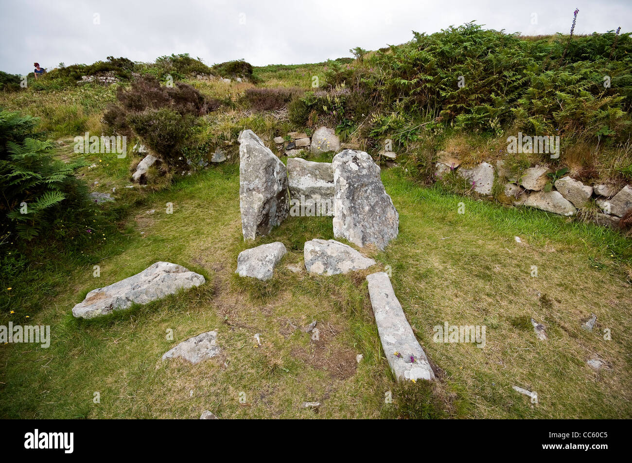Stone houses within Chysauster Iron Age village, Cornwall, UK Stock Photo