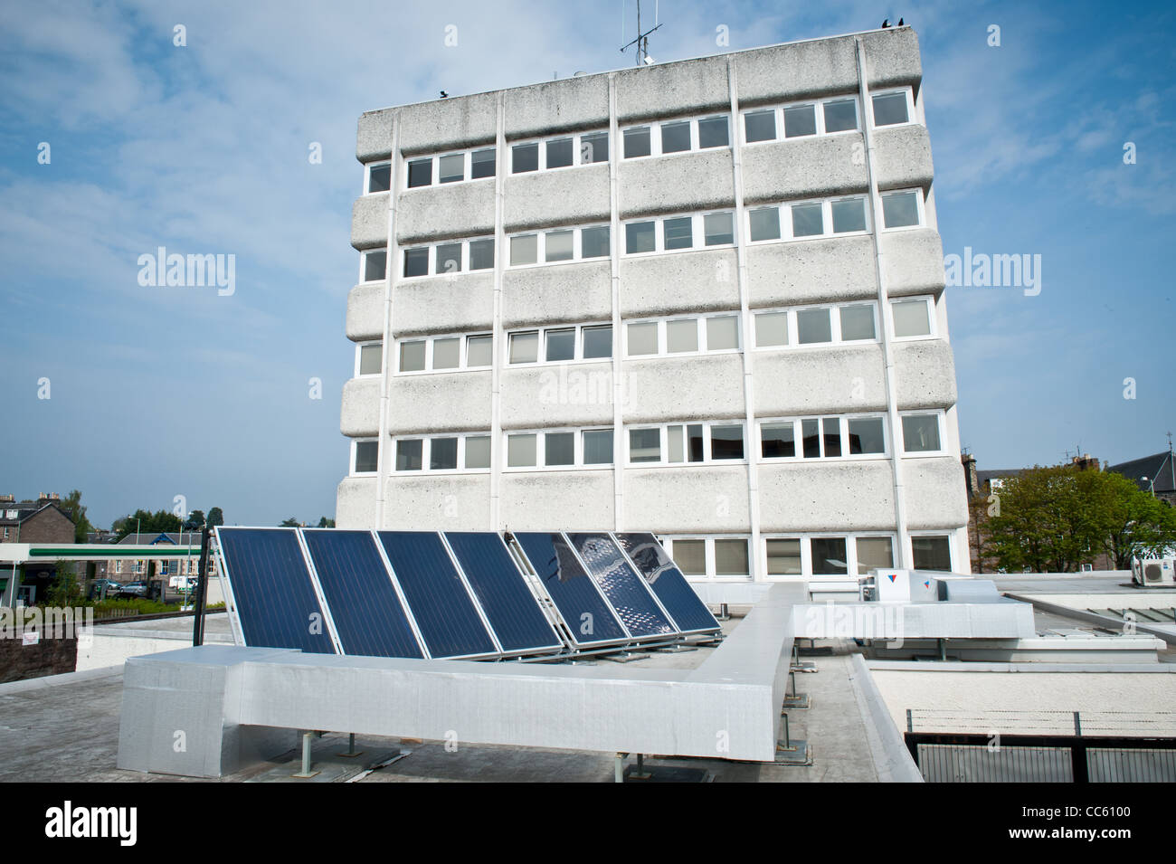 Solar panels for solar water heating on a rooftop. Stock Photo