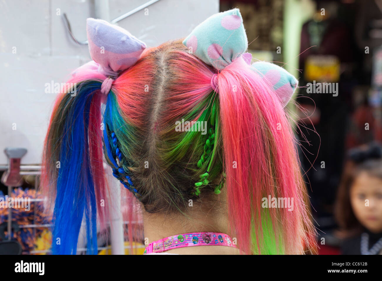 Japan, Tokyo, Harajuku, Takeshita Dori, Teenage Girl's Colourful Hairstyle Stock Photo