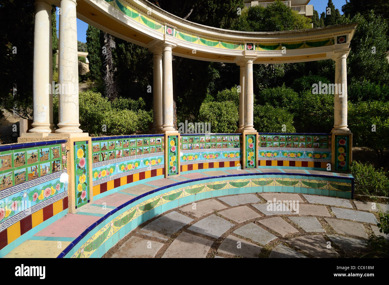 Ceramic Tiled Rotunda & Circular Concrete Garden Bench Decorated with Don Quixote Ceramic Tiles
