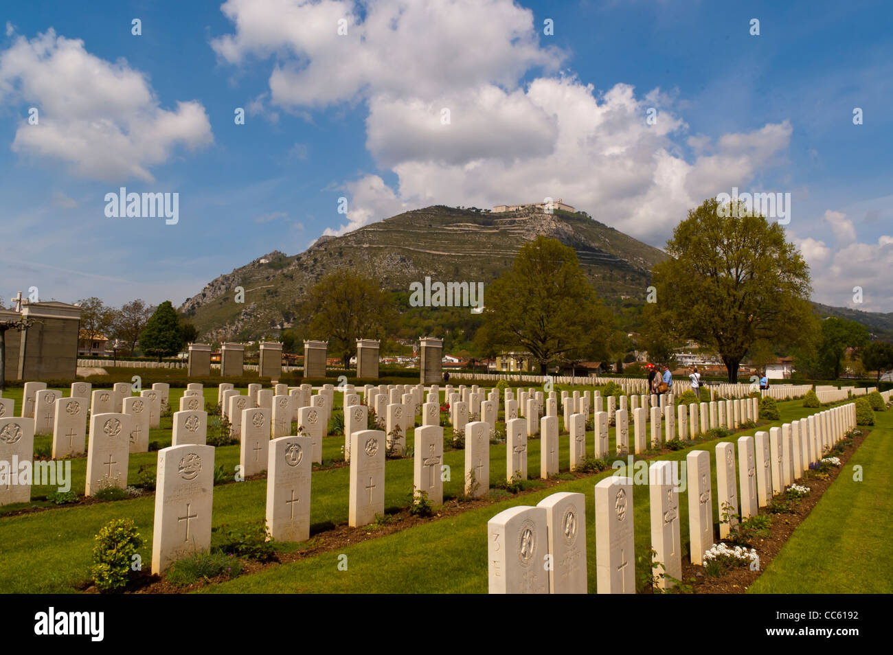 Monte Cassino monastery is on the top of a hill near Rome in Italy and the graves of the soldiers who took part lie at its feet. Stock Photo