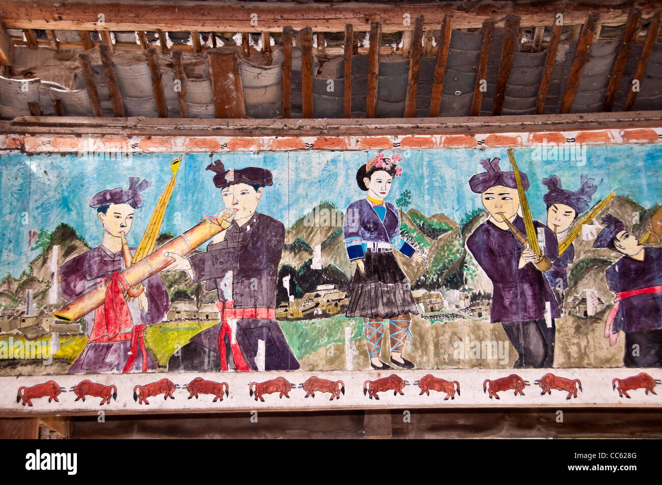 Detail of painting in a Wind and Rain Bridge - Zhaoxing, Guizhou province (China) Stock Photo