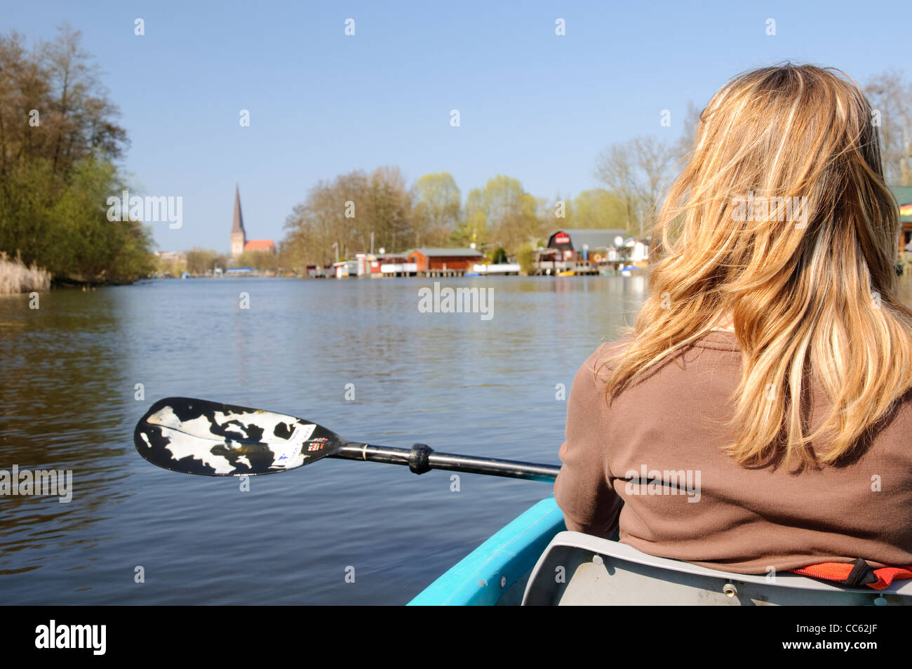 Paddler on the river Warnow, Hanseatic City of Rostock, Mecklenburg-Western Pomerania, Germany, Europe Stock Photo