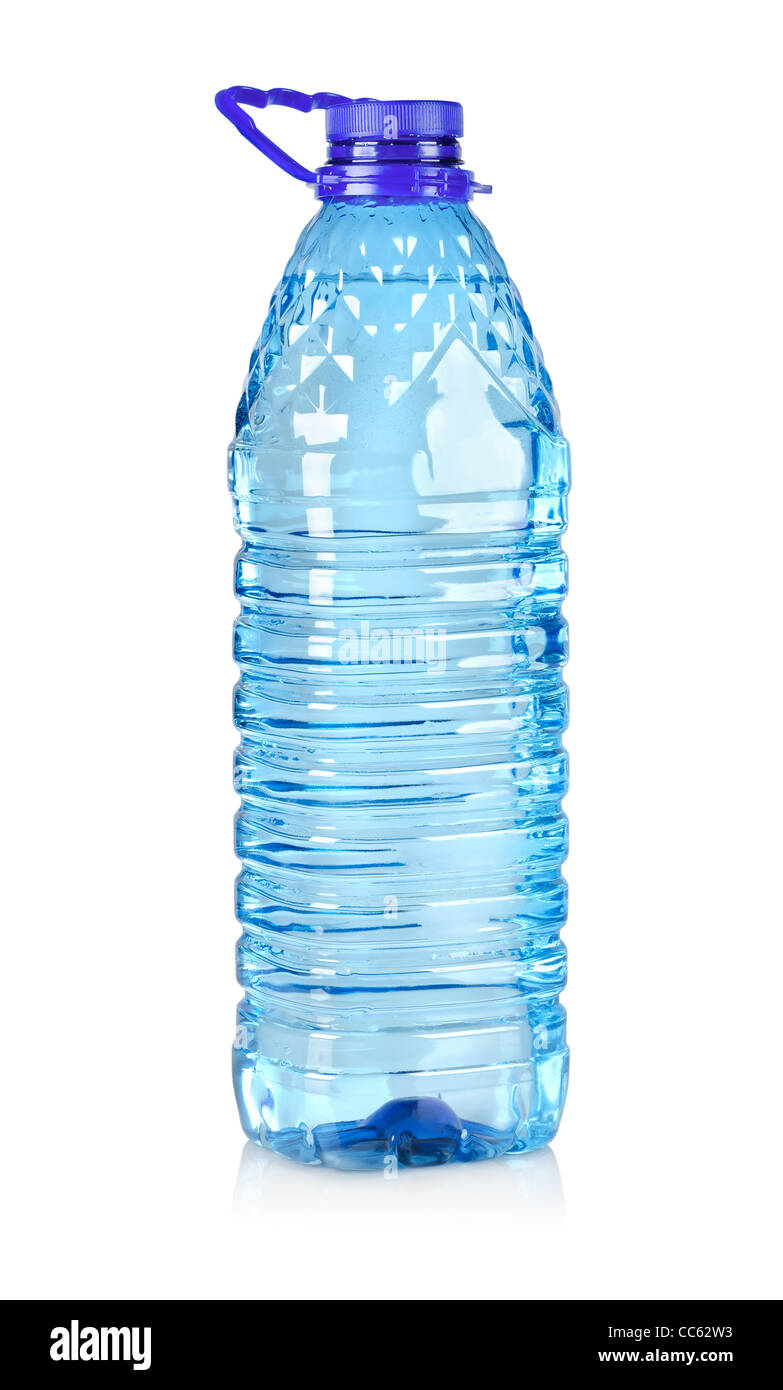Big plastic bottle with water on the table over bright kitchen backgroung.  Bottle of clear transarent water in a blue color cap and handle closeup  Stock Photo - Alamy