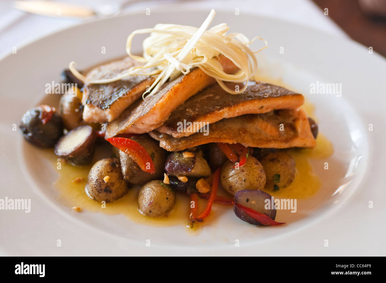 Peru, Lima. Grilled Salmon Peruvian cuisine. Stock Photo