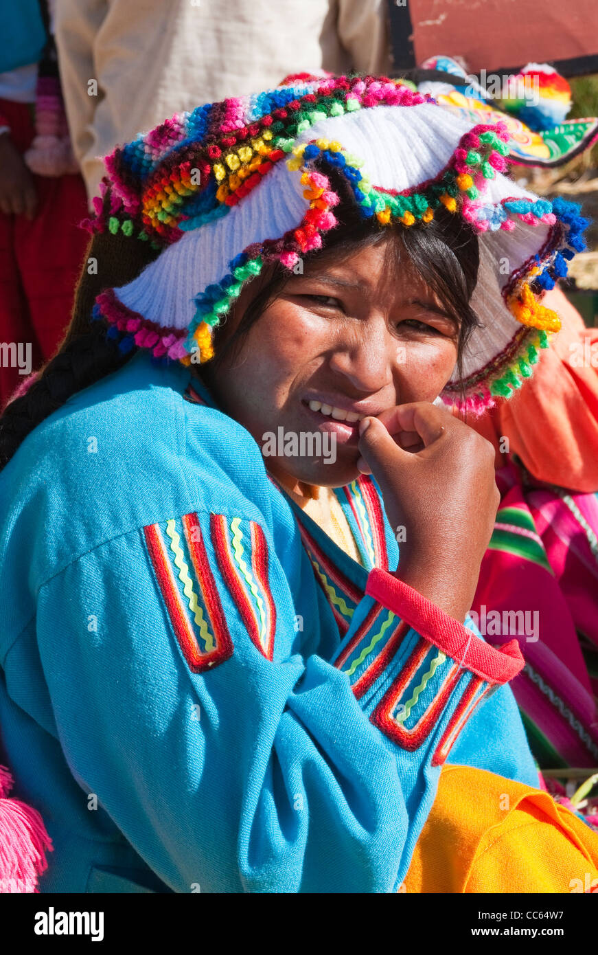 Peru, Lake Titicaca. Quechua or Uros Indians in the floating Uros Islands. Stock Photo