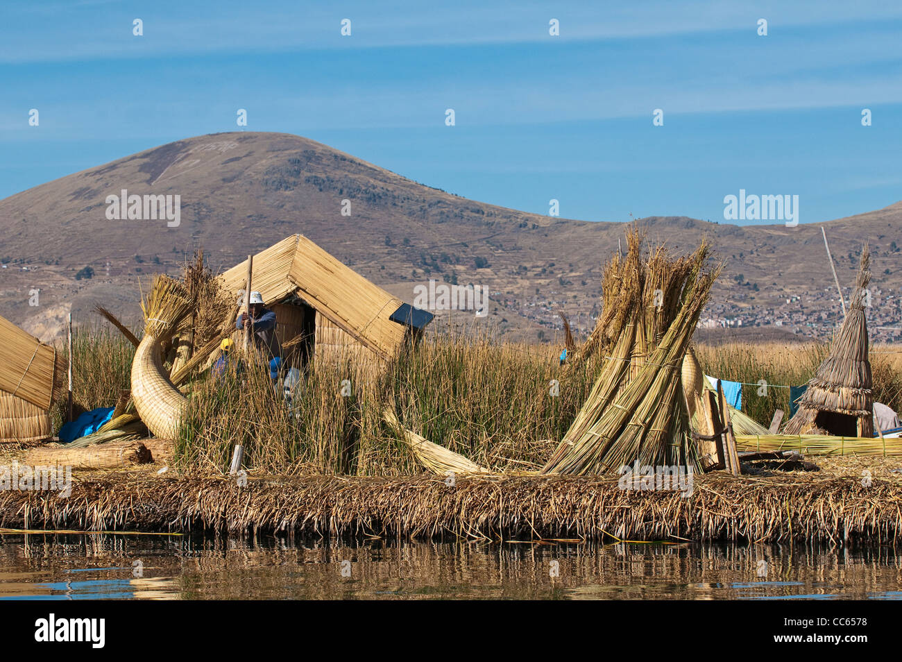 Peru, Lake Titicaca. Quechua or Uros Indian village on the floating Uros Islands. Stock Photo