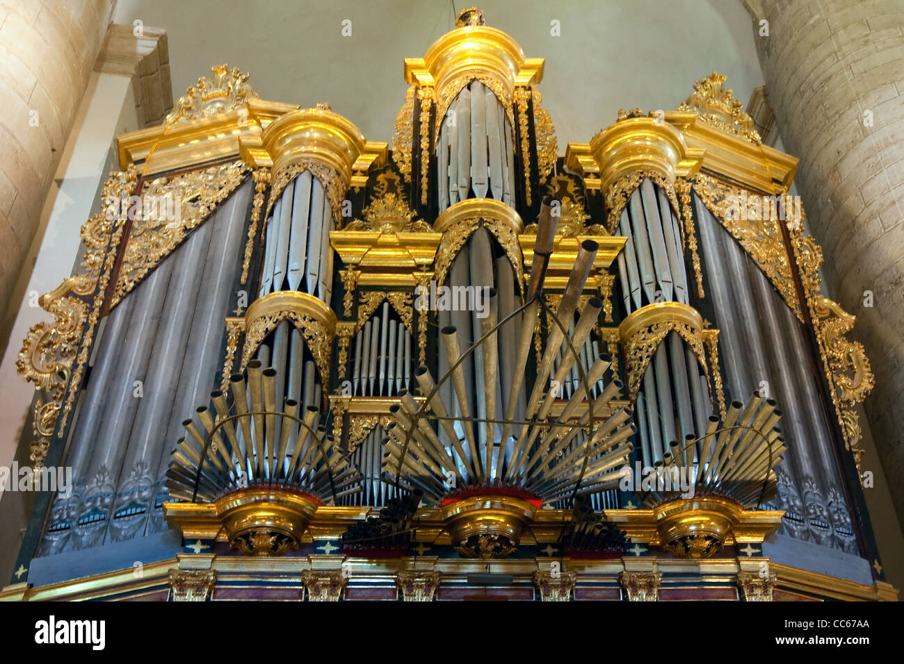 Organ in the Choir, Benedictine Church, Monasterio de Yuso, Yuso Monastery, San Millan de Cogolla, La Rioja Alta, Spain Stock Photo