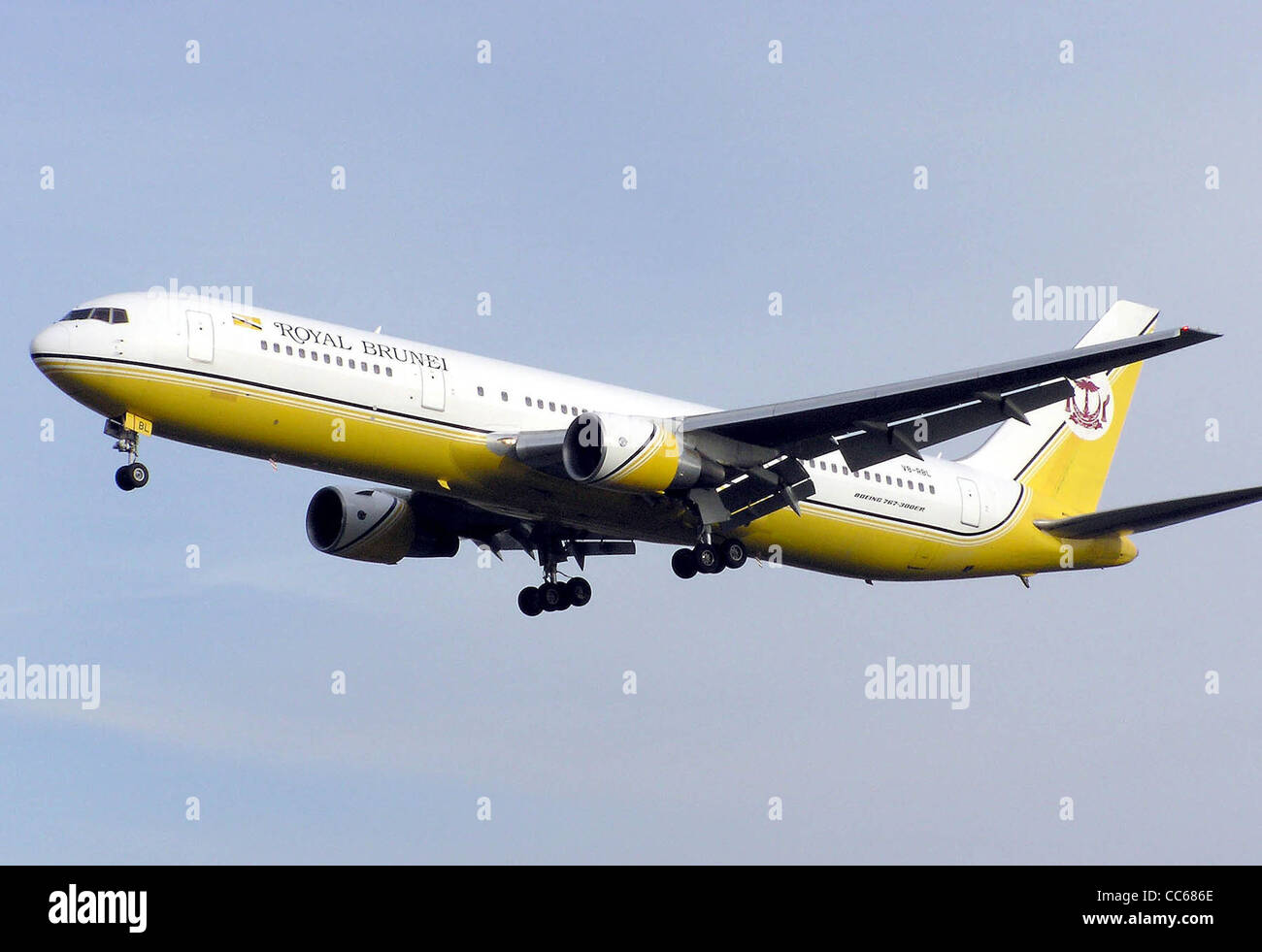 Royal Brunei Boeing 767-300ER (V8-RBL) landing at London (Heathrow) Airport, England. Stock Photo