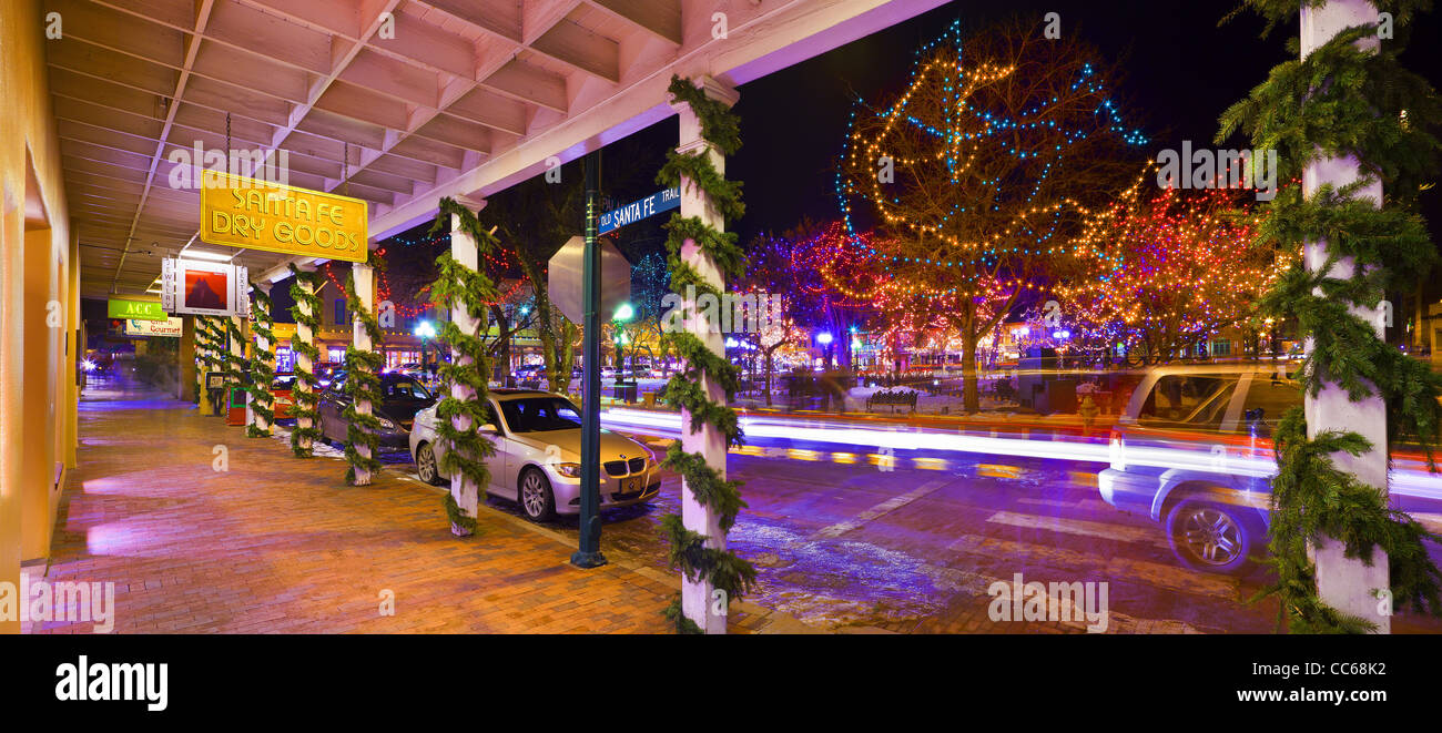 Shops and Plaza at Christmas time in Santa Fe, New Mexico Stock Photo