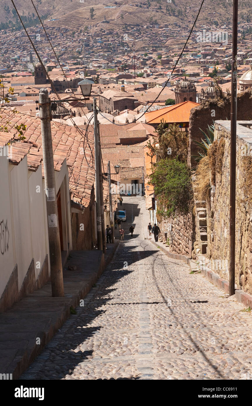 Peru, Cusco. Hilly side street. Stock Photo