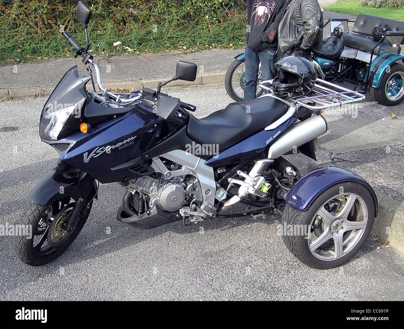 A trike motorcycle on display at Aust Motorway Services, located on the ...
