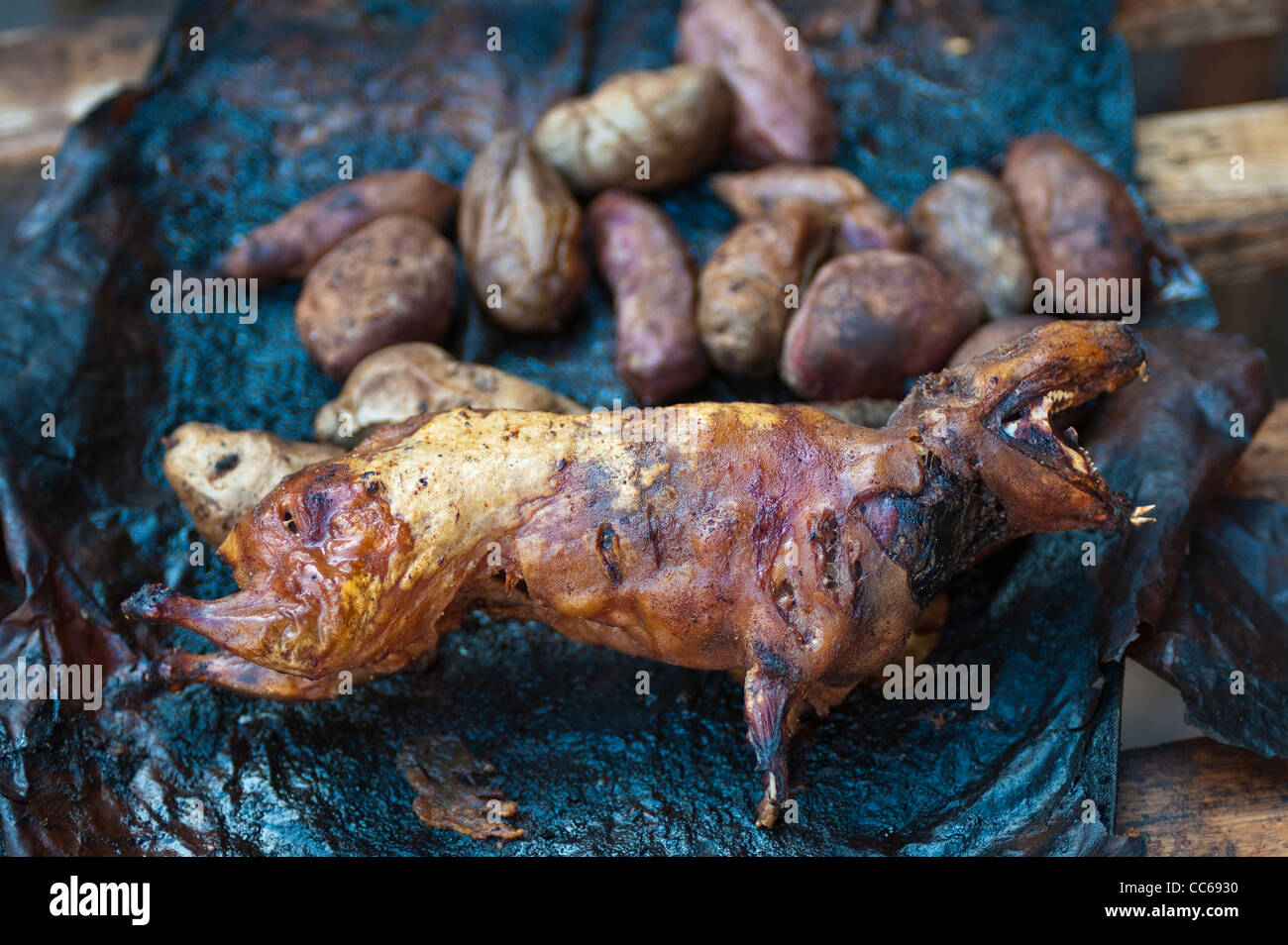 Traditional meal of barbequed guinea pig (cuy), Cusco, Peru. Stock Photo