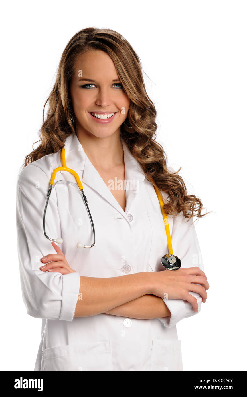Portrait of beautiful doctor or nurse smiling isolated over white background Stock Photo