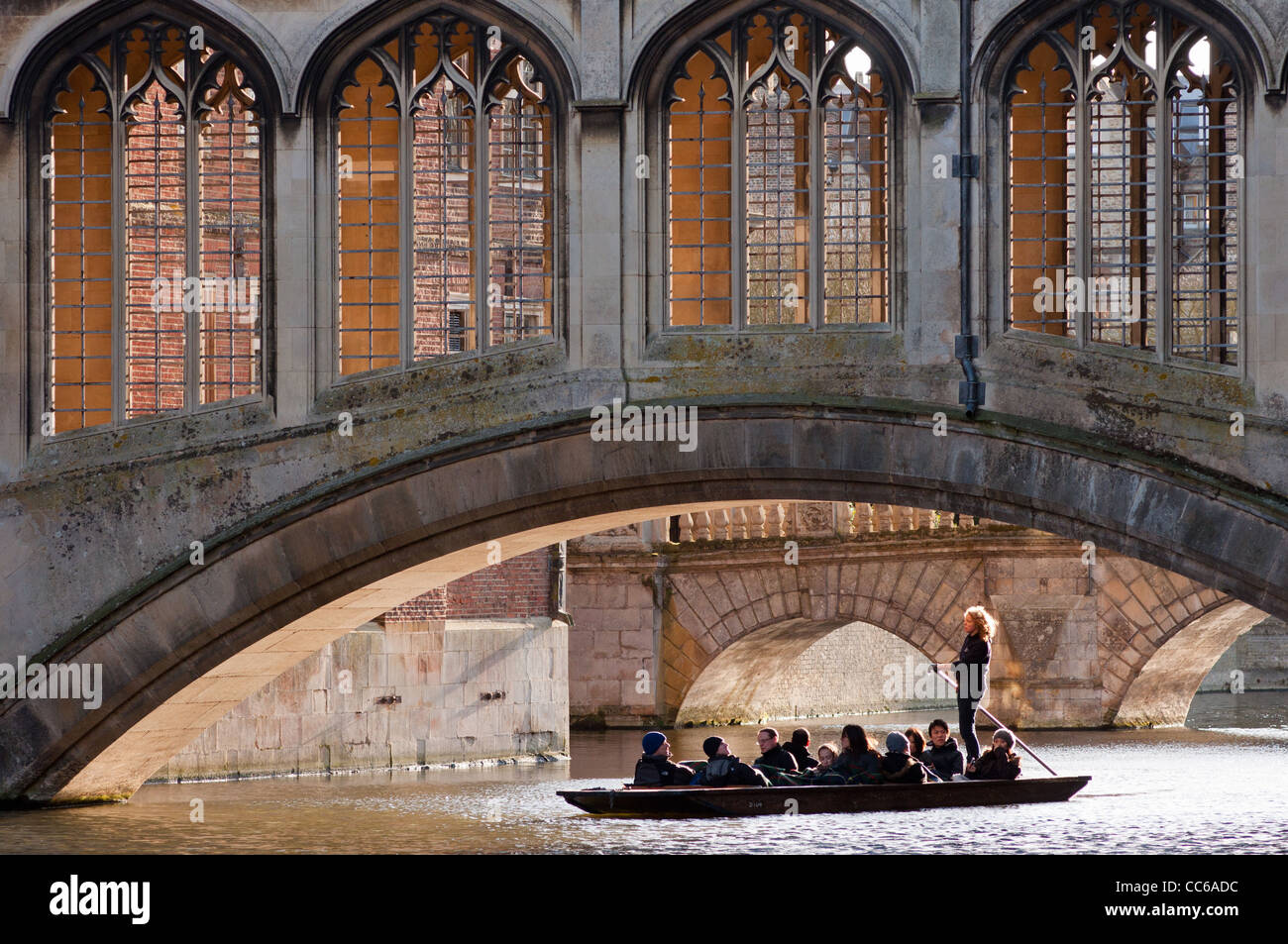 Punting under the Bridge of Sighs at St Johns College, Cambridge University, England. Stock Photo