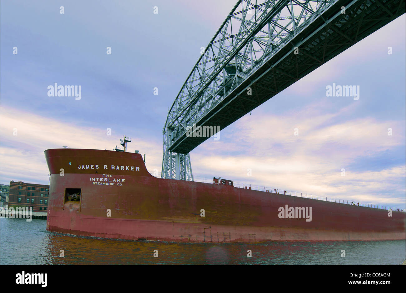 The 1000foot freighter, James R. Barker, passing under the Aerial Lift Bridge on Lake Superior
