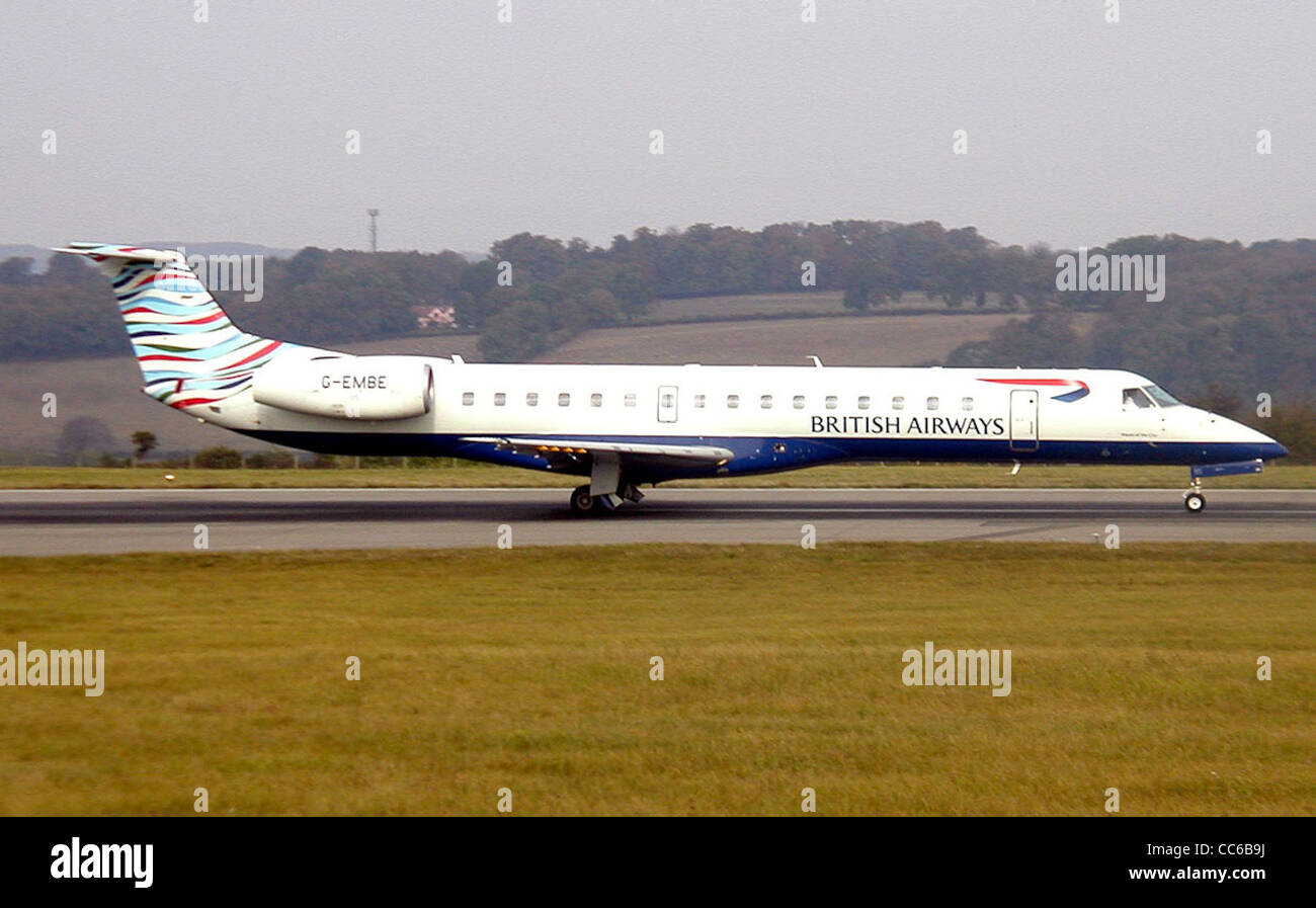 British Airways Embraer ERJ 145 (UK registration G-EMBE, built 1998) with Waves of the City ethnic fin. Taxiing at Bristol Inter Stock Photo