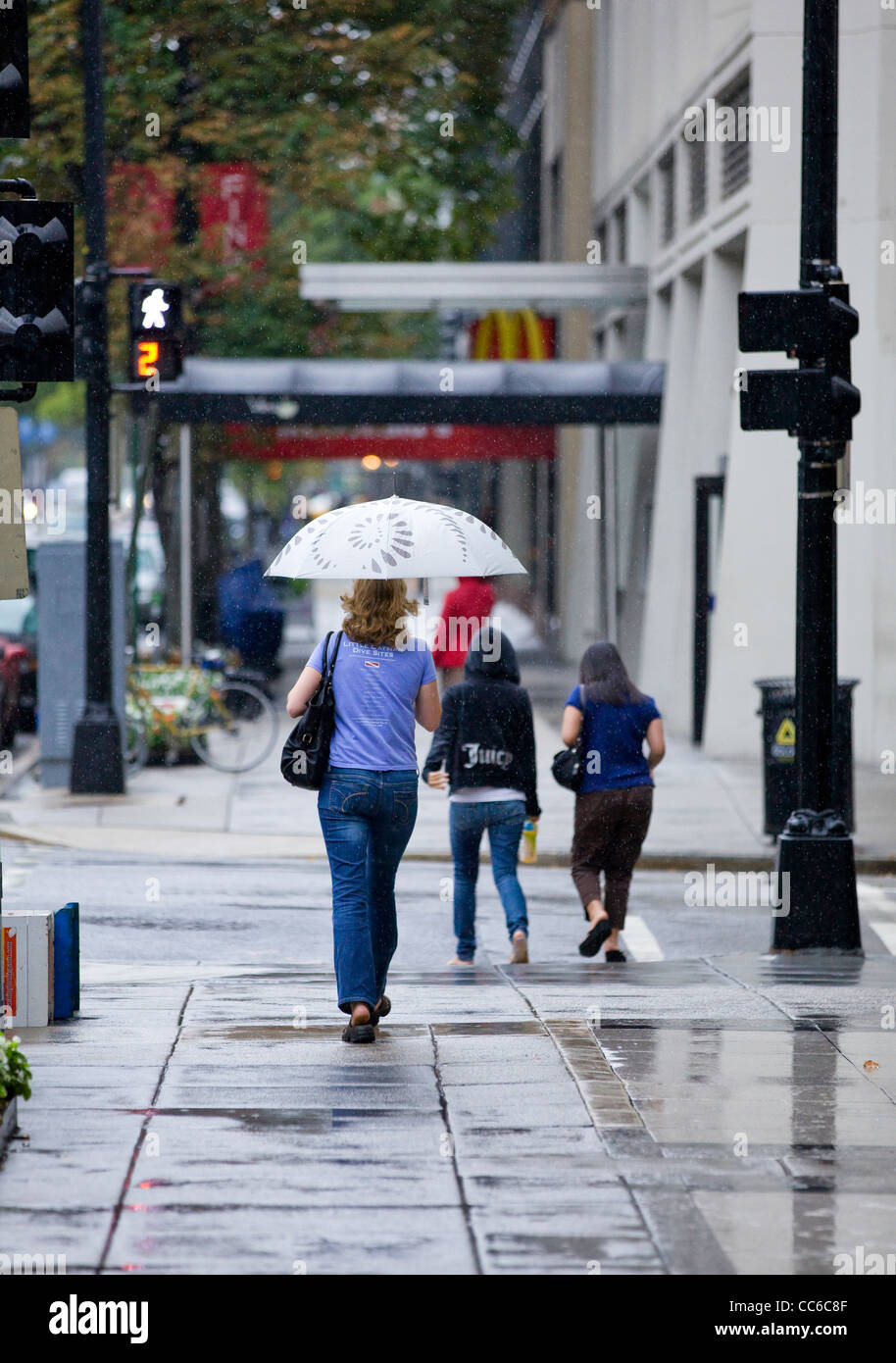 A woman walking alone on a rainy day holding an umbrella - USA Stock Photo