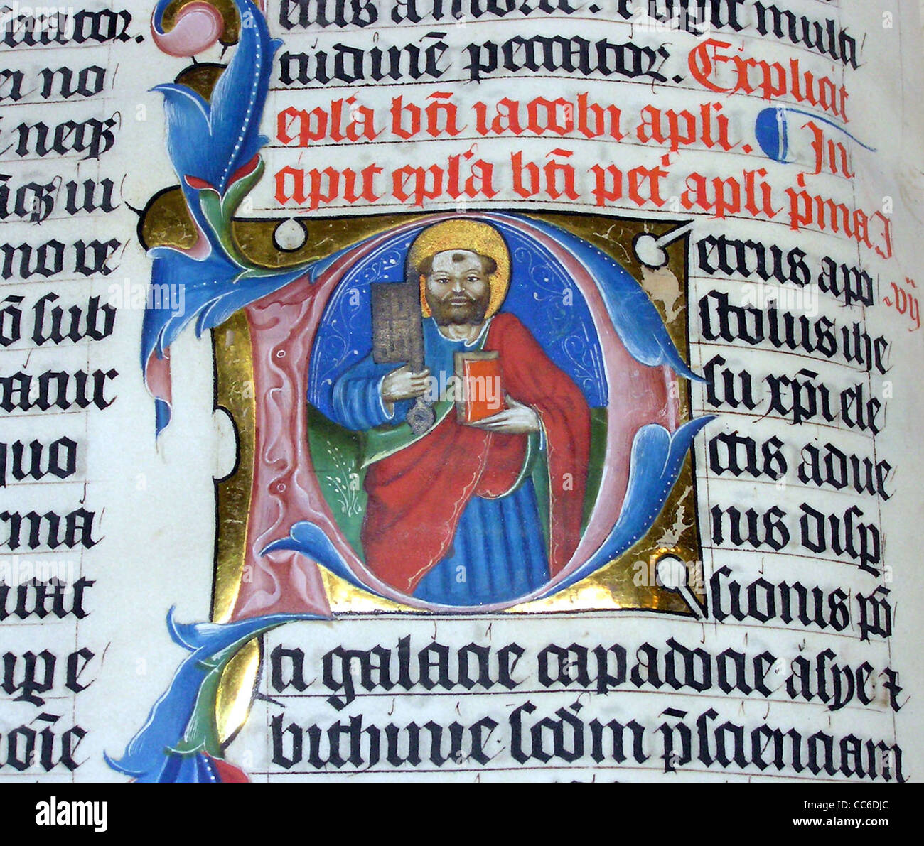 illuminated letter P in the 1407AD Latin Bible on display in Malmesbury Abbey, Stock Photo