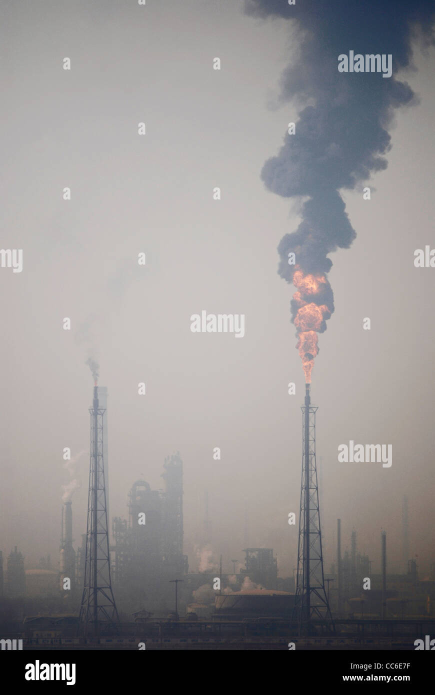 Smoke emerging from smokestack at chemical plant, Lanzhou, Gansu , China Stock Photo