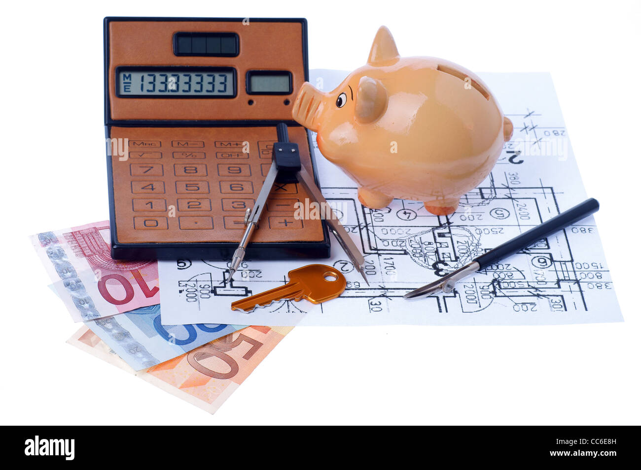 brown calculator, compass, project, Piggy bank and euromoney, bill Stock Photo