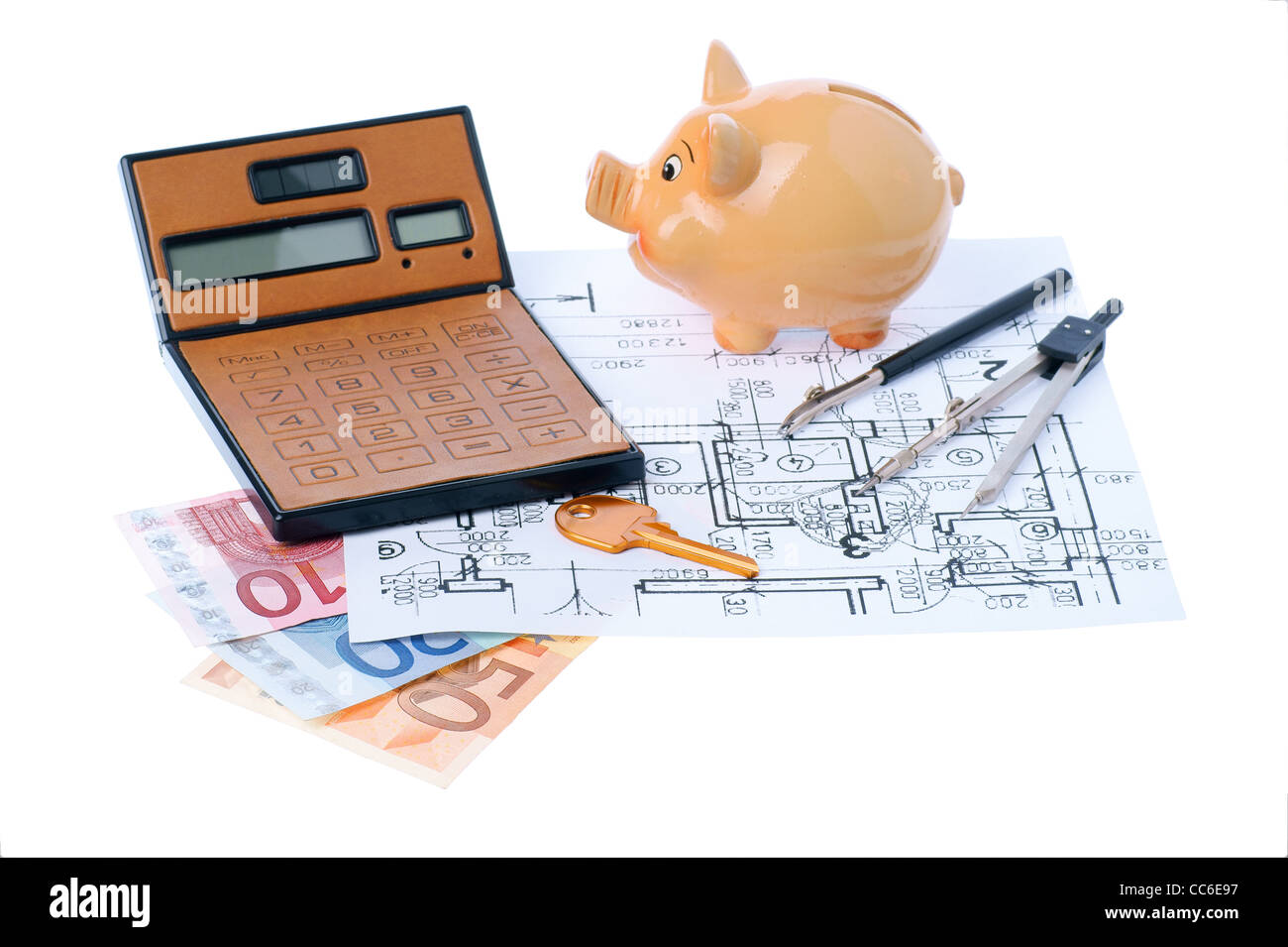 brown calculator, compass, project, Piggy bank and euromoney, bill Stock Photo