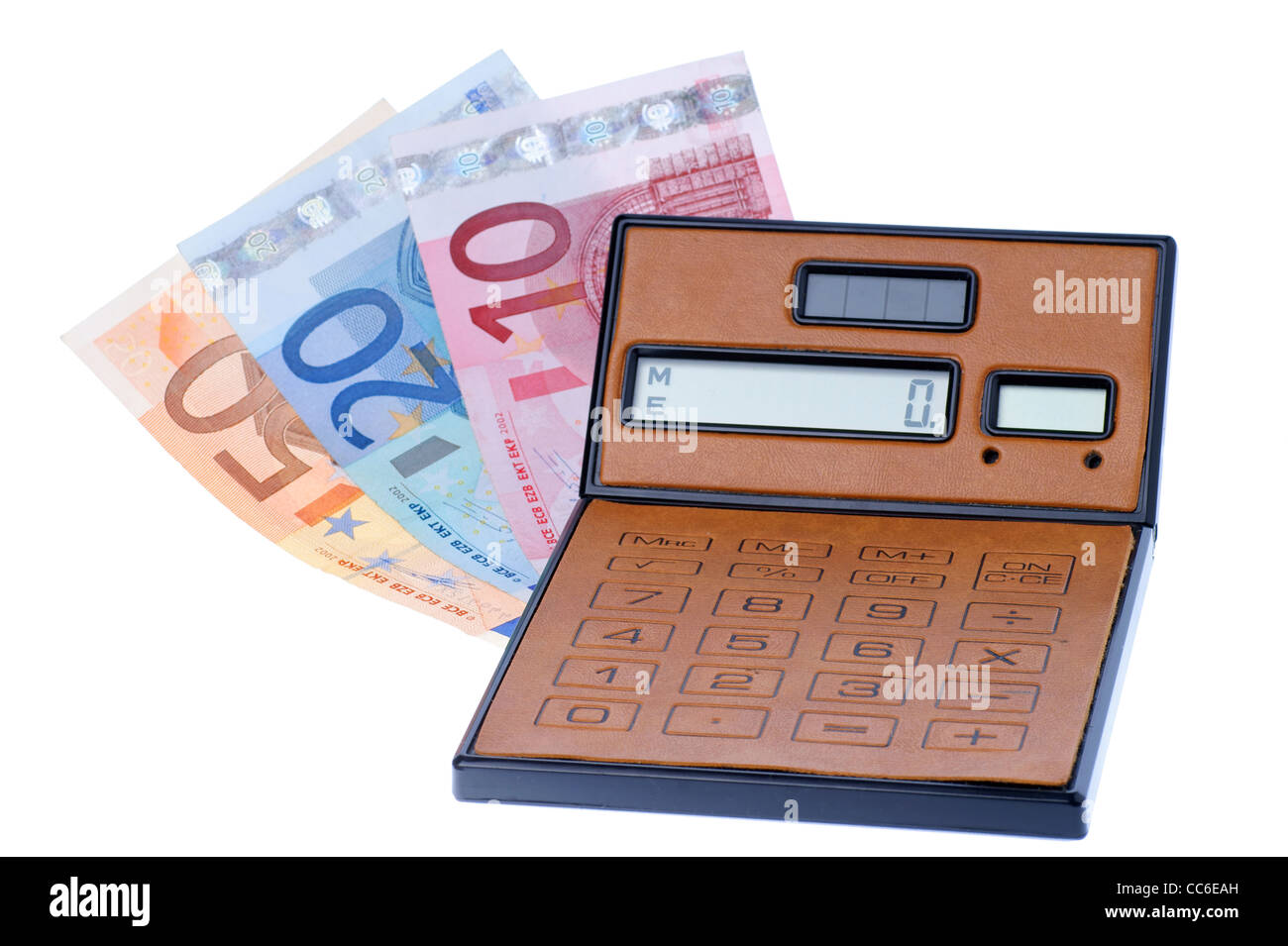 brown calculator and euromoney, bill Stock Photo