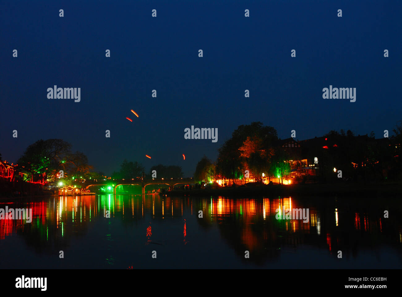 Baimo Jiang River at night, Pingle Ancient Town, Chengdu, Sichuan , China Stock Photo