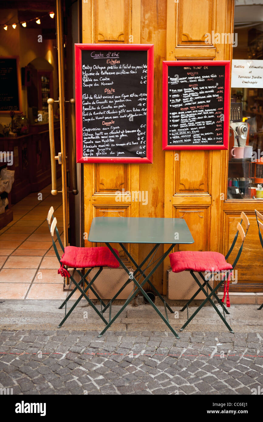 Outdoor seating for a cafe in France Stock Photo