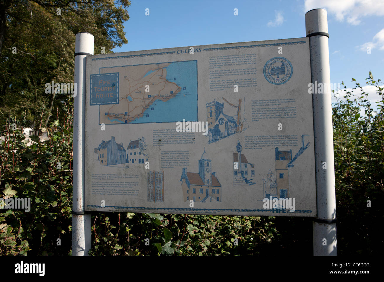 Fife Tourist route information board for the village of Culross Stock Photo