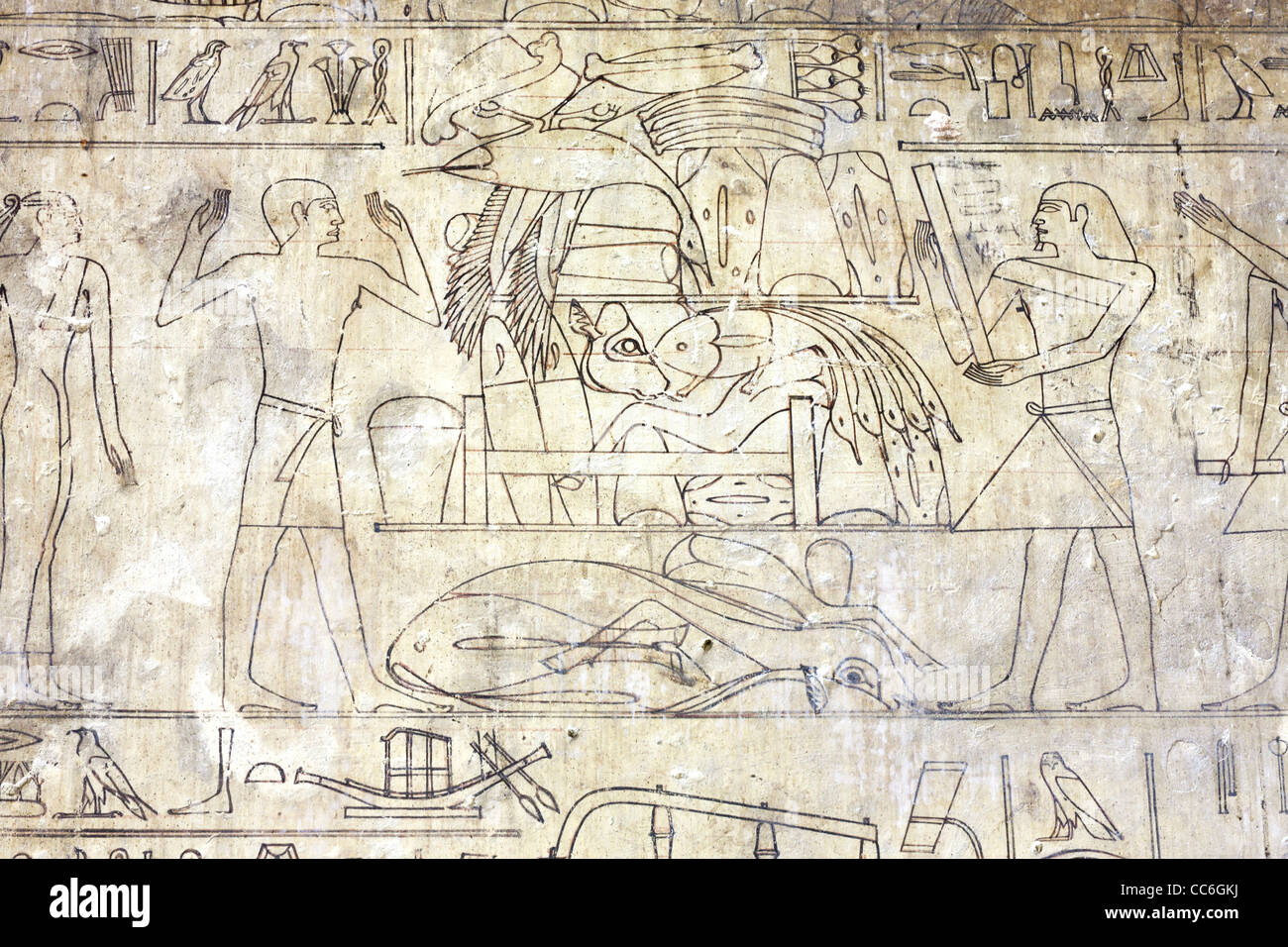 Line drawings in the  Old Kingdom tomb of Ni Ankh Pepy Kem at Meir , North West of Asyut in Middle Egypt Stock Photo