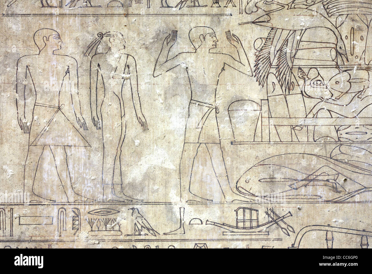 Line drawings in the  Old Kingdom tomb of Ni Ankh Pepy Kem at Meir , North West of Asyut in Middle Egypt Stock Photo