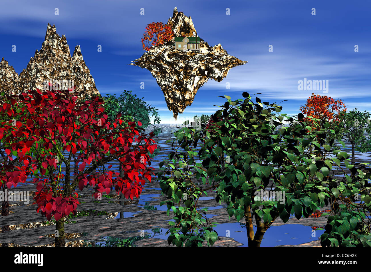 Flying castle/island over a green forest Stock Photo Alamy